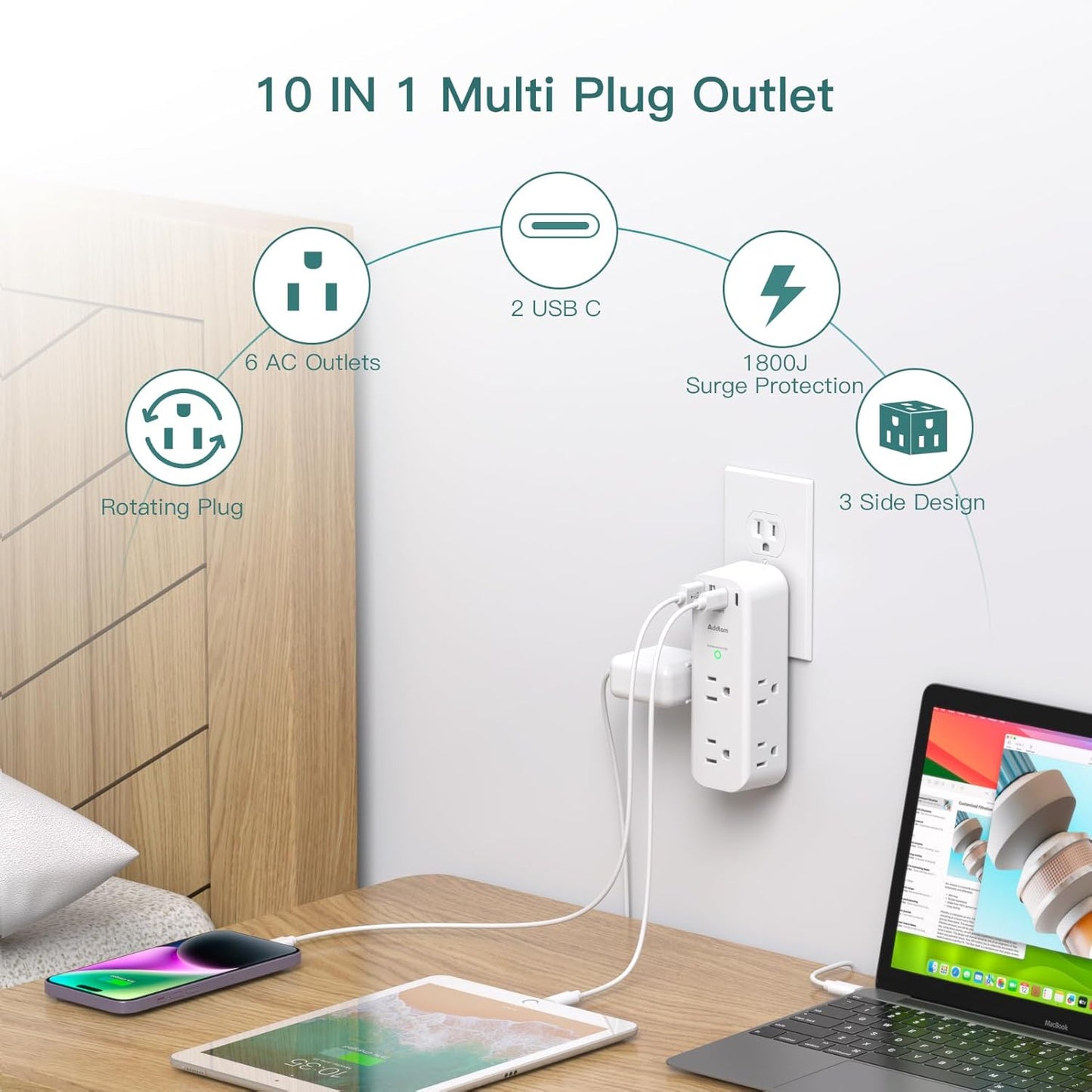 Surge Protector Wall Outlet Extender, Multi Plug Outlet with Rotating Plug, 6 AC Outlets 4 USB Ports (2 USB C), 1800J, 3-Side Power Strip Wall Mount, Outlet Splitter for College Dorm Travel Essentials