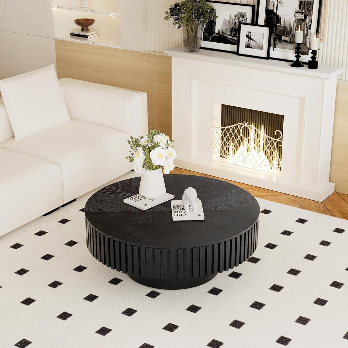 31" Black Round Wood Fluted Drum Coffee Table with Storage (G)