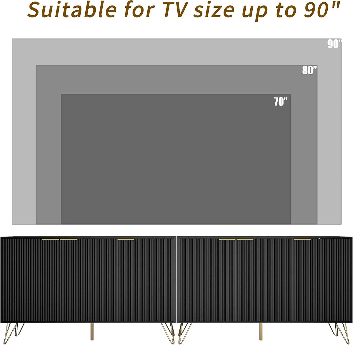 90 inch TV Stand with 6 Fluted Doors and Adjustable Shelves, Black丨Modern Entertainment Center Cabinet, Wood Media Console Storage Cabinets for Living Room Bedroom