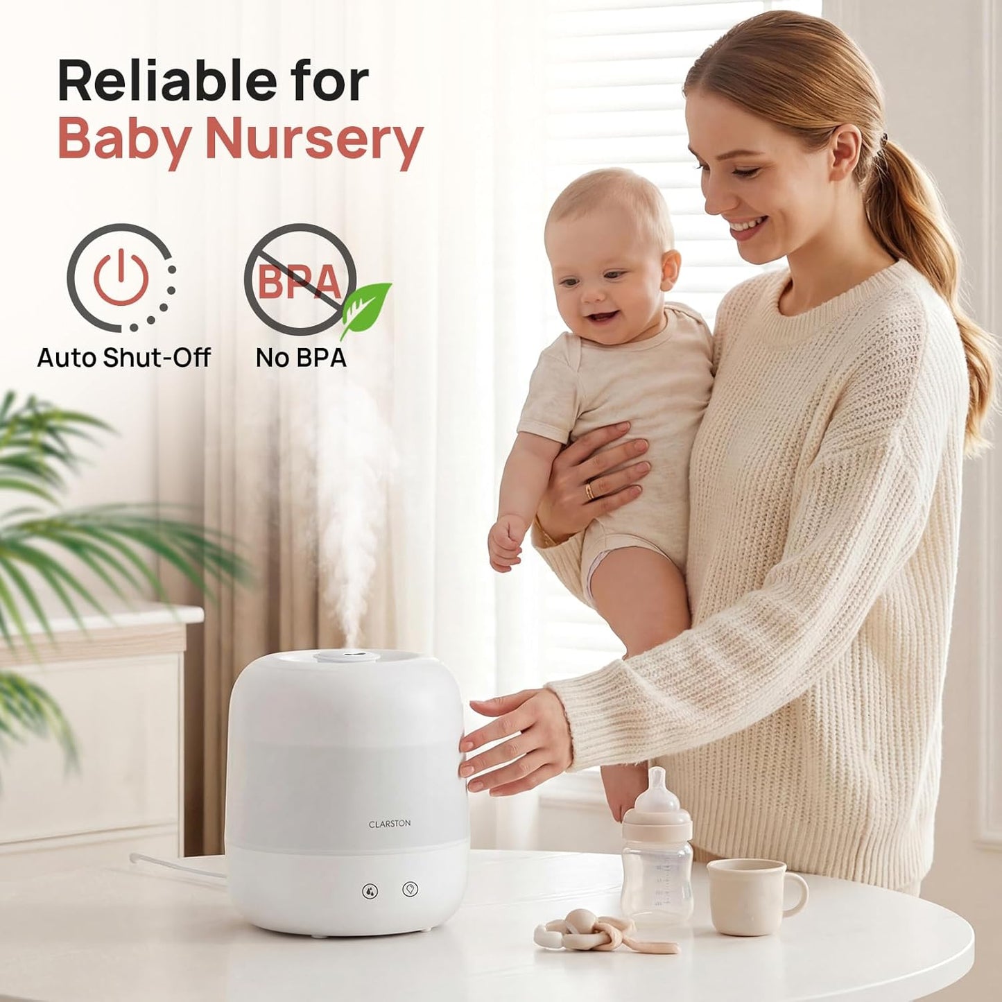 Clarston Humidifiers for Bedroom, 2L Top Fill with 360° Nozzle for Large Room, 7-Color Night Light, 24dB Quiet Cool Mist Air Humidifier for Baby Nursery & Plants, No BPA, Auto Shut Off, Easy to Clean