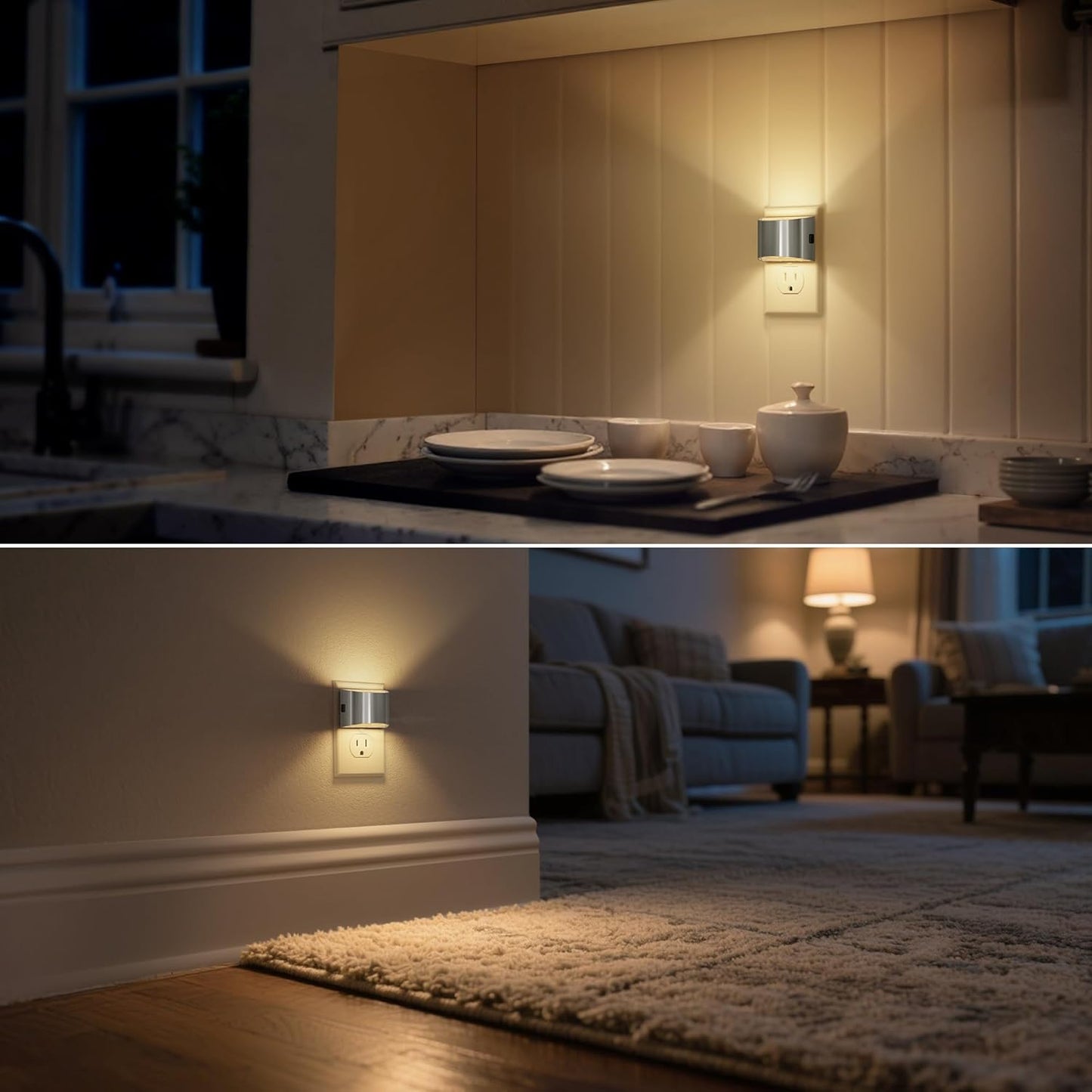 DORESshop LED Night Light[2 Pack], Night Lights Plug into Wall, 3 Level Brightness Adjustable Plug in Night Light, Dusk to Dawn Sensor Nightlights for Adults,Bedroom,Hallway,3000K -Chrome Cover