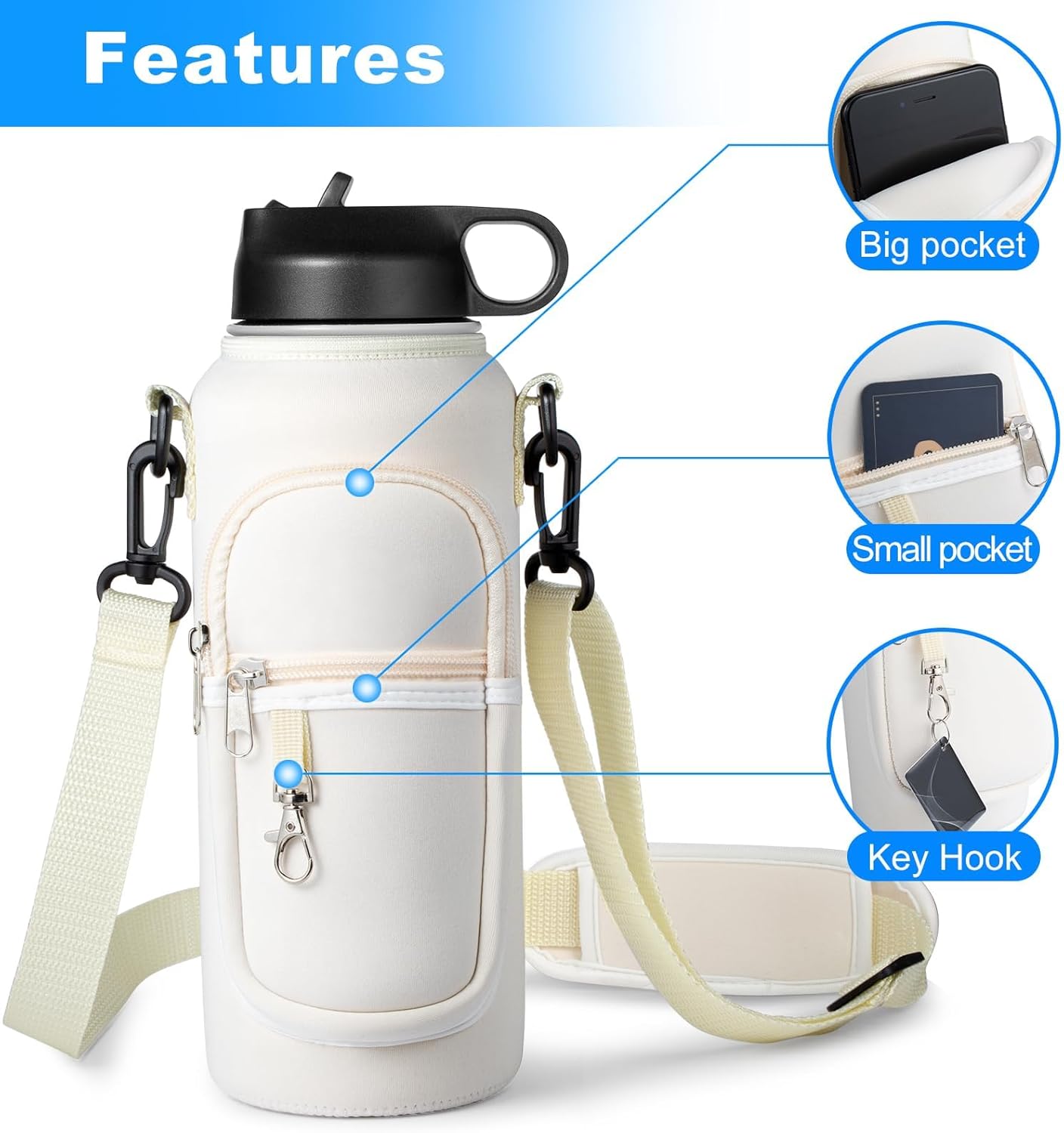 RRegeny Water Bottle Holder with Strap for Hydroflask 32oz 40oz, Carrier Sling Bag with Phone Pocket Water Bottle Sleeve for Men Women Hiking Camping Travelling
