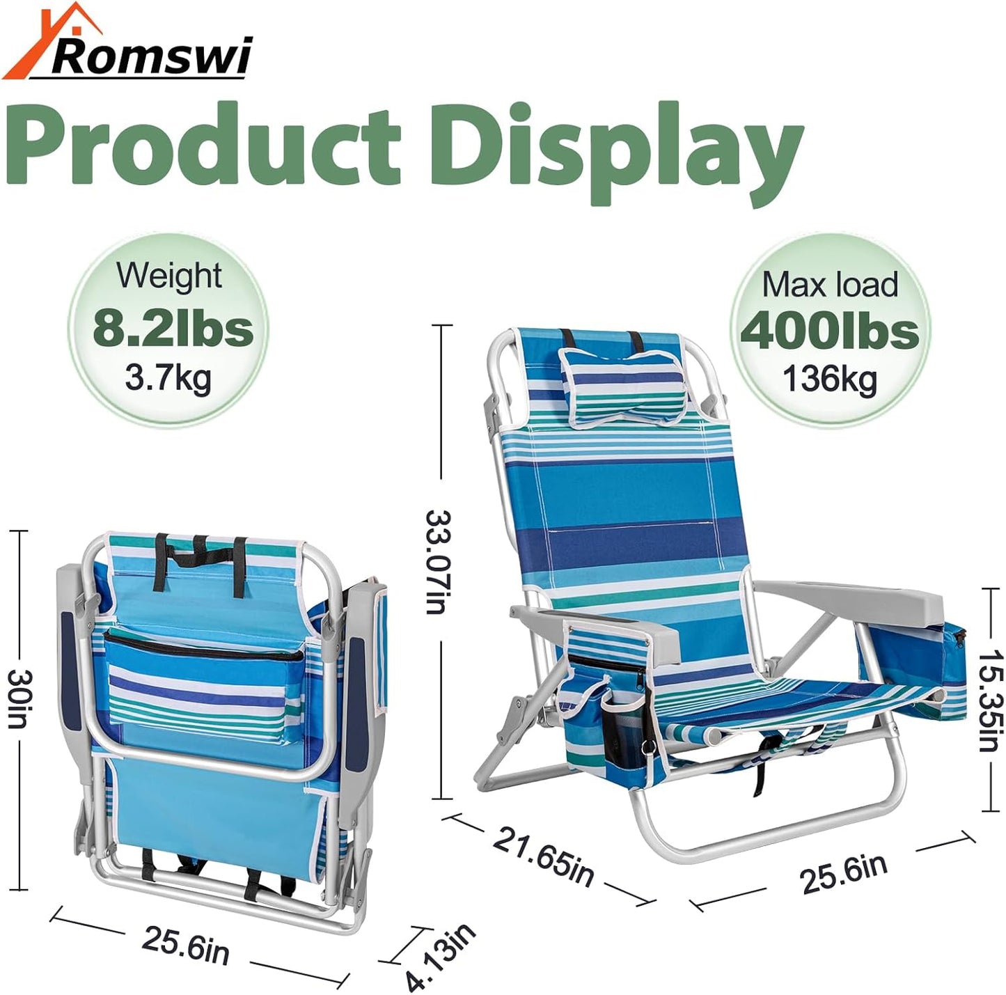 2Pk Aluminum Extra Wide 5-Position Lay Flat Folding Backpack Beach Chairs for Adults, with Cooler Bag, Cup&Phone Holder, Towel Bar for Outdoor Lawn Picnic Sport, Portable Camping Chairs, Blue Stripes