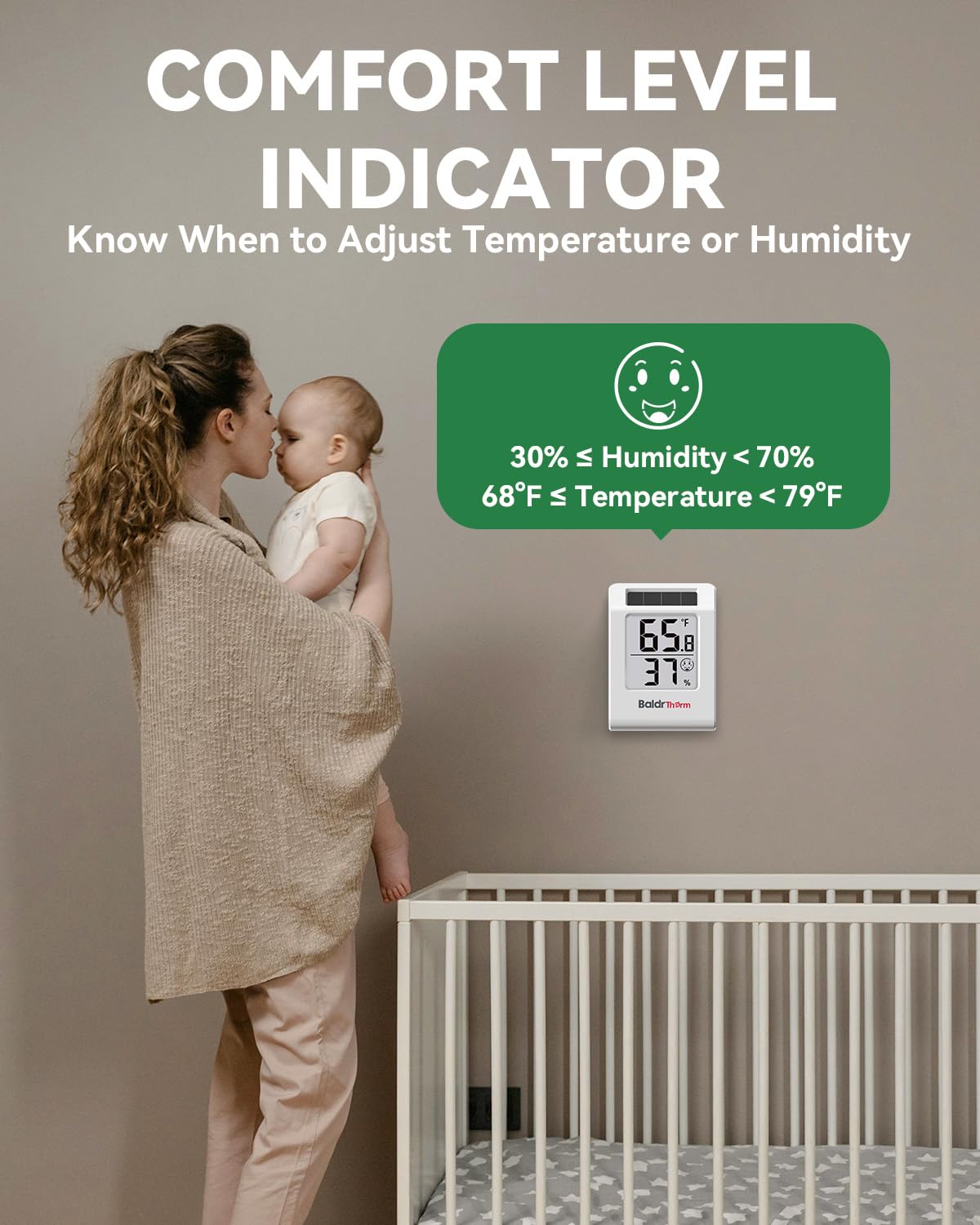 BALDR 4-Pack Digital Hygrometer Thermometer, Solar Power with Battery Backup Temperature and Humidity Monitor, Mini Room Thermometer with Comfort Indicator (White)