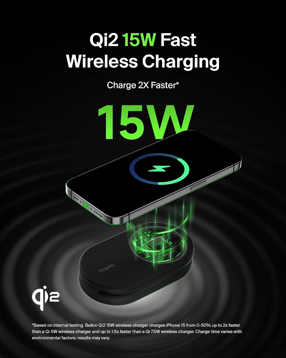 Belkin Qi2 15W Magnetic Wireless Charger, 2 in 1 Foldable, Non-Slip | MagSafe compatible, iPhone 16, Apple Watch, Samsung Galaxy S25 compatible, power adapter included