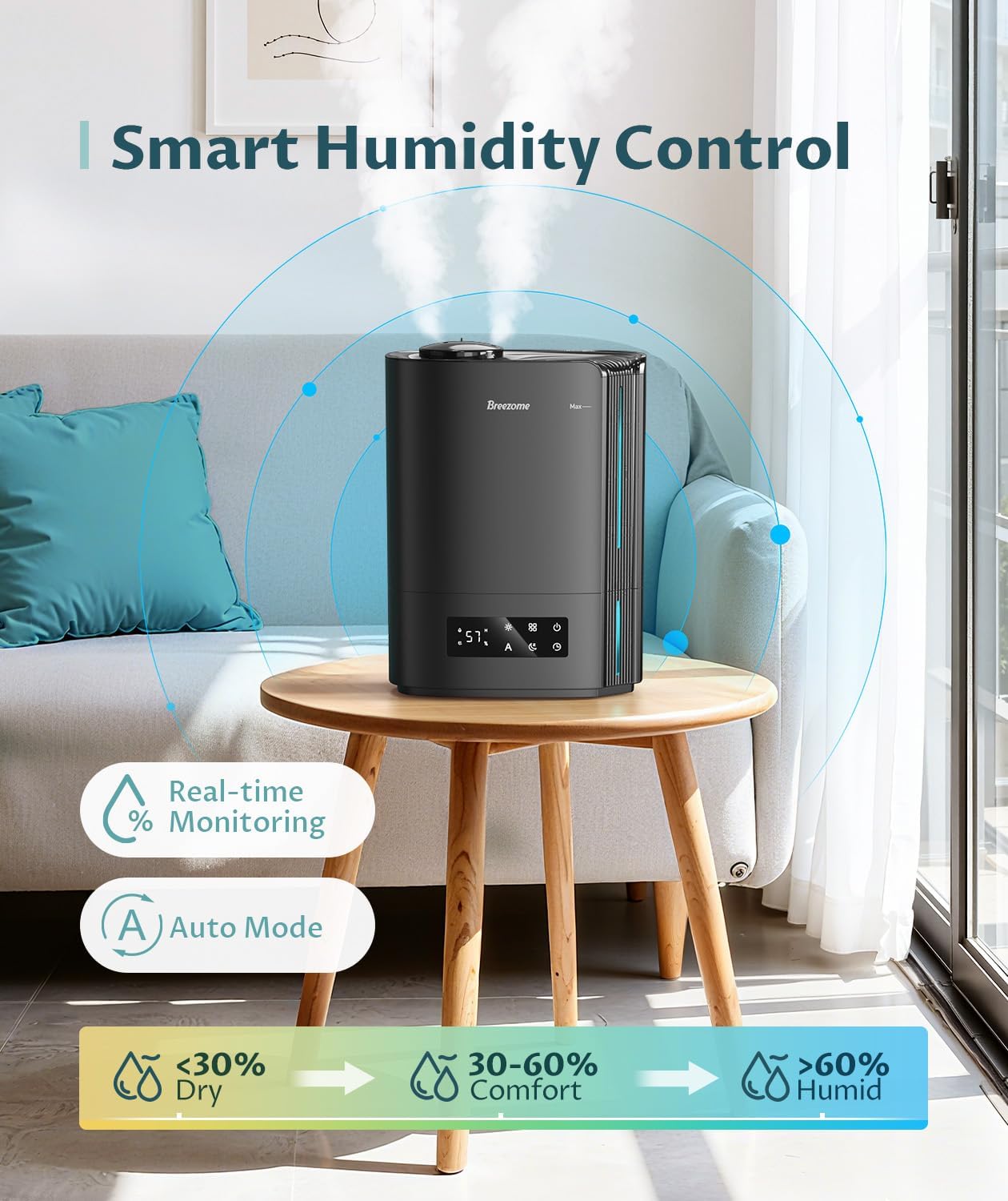 BREEZOME 6L Humidifiers for Bedroom Large Room & Essential Oil Diffuser, Ultrasonic Top Fill Cool Mist Humidifiers for Baby, Plants, Nursery Last up to 60 Hours, Smart Humidistat Control, Quiet, Black