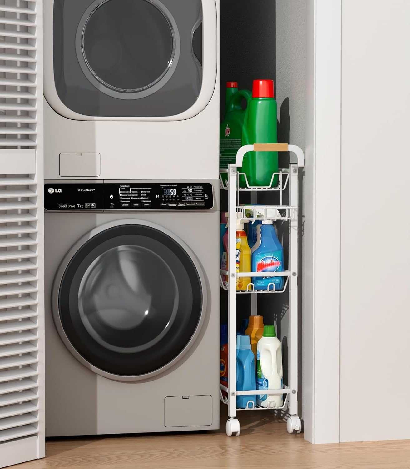AOODA Laundry Room Cart with Top Detergent Holder, Metal Rolling Storage Cart Between Washer and Dryer, 3 Tier Narrow Laundry Room Organization and Storage with Wheels (White)