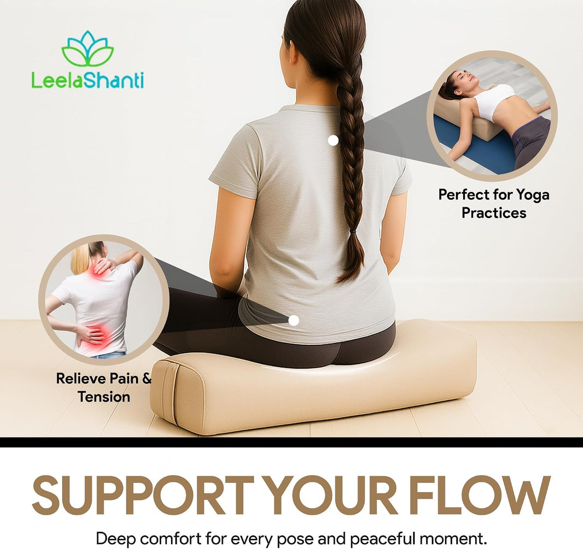 Rectangular Yoga Bolster Pillow for Meditation, Yoga & Back Support – Soft Meditation Cushion with Removable Hand Wash Cotton Cover & Carry Handle (beige)
