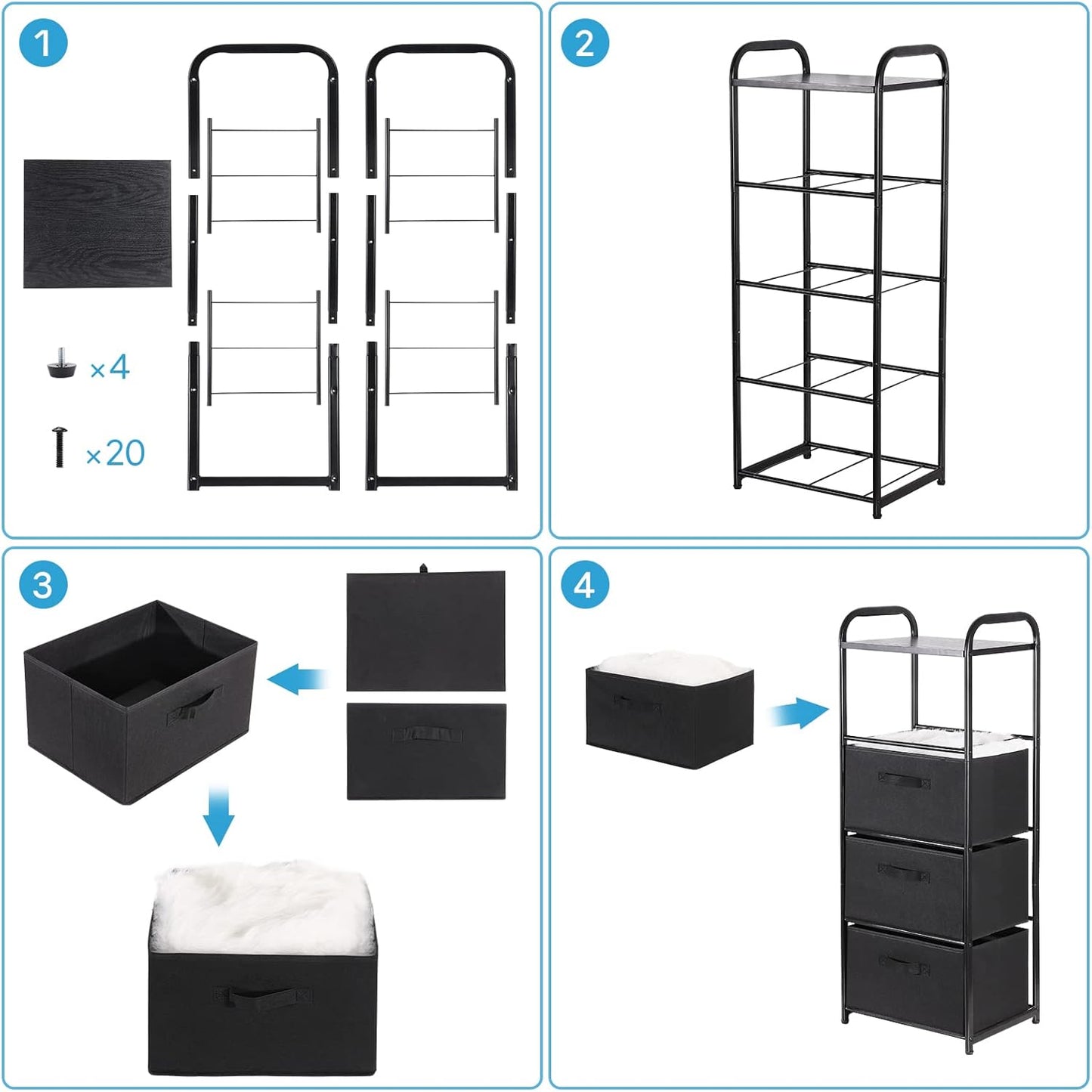 MAX Houser 4 Drawer Fabric Dresser Tall Storage Tower, Dresser Chest with Wood Top, Vertical Nightstand Side Organizer Unit with Metal Frame for Closets Bedroom Nursery Room Hallway(Black)