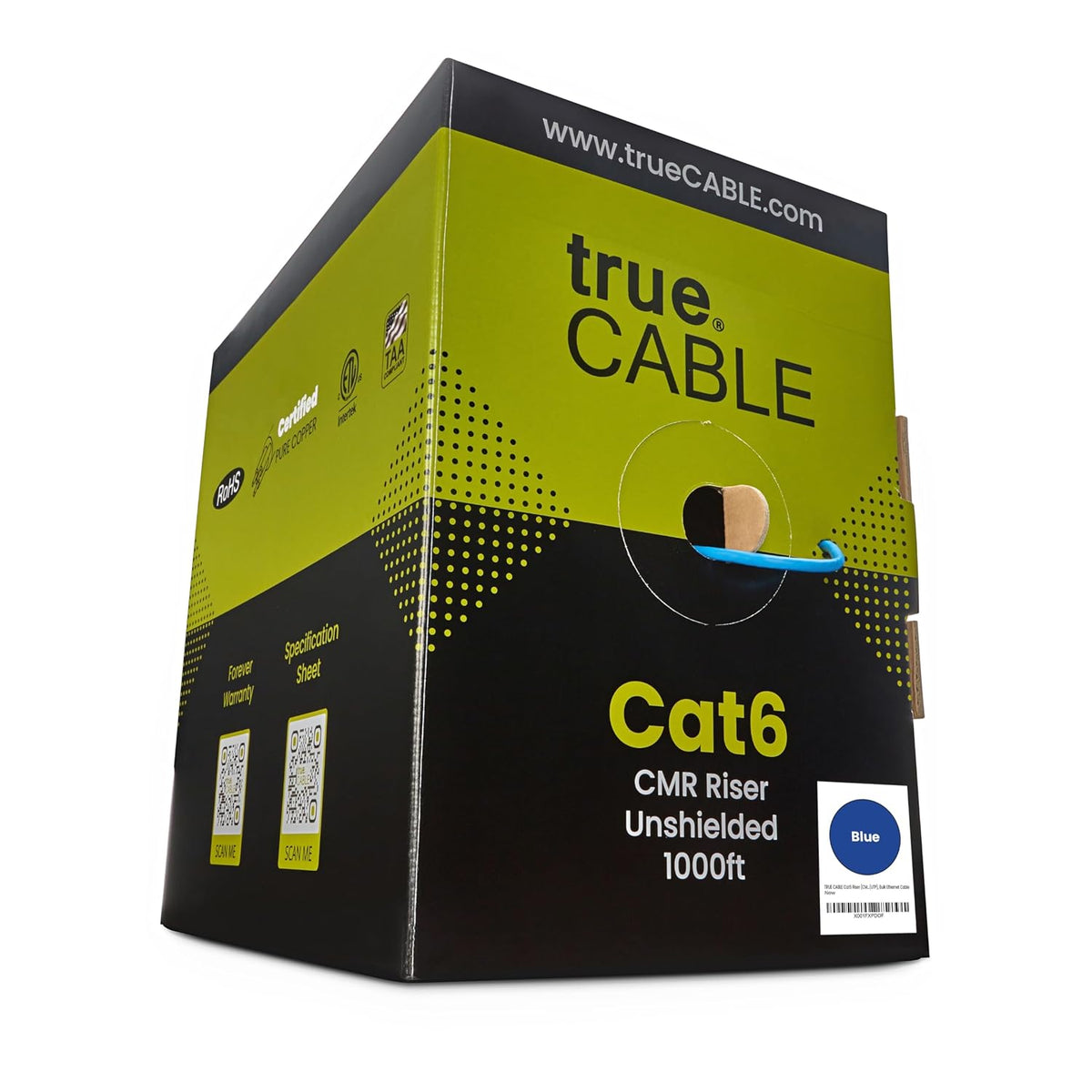TRUE CABLE Cat6 Riser (CMR), 1000ft, Blue, 23AWG 4 Pair Solid Bare Copper, 550MHz, ETL Listed, Unshielded Twisted Pair (UTP), Bulk Ethernet Cable