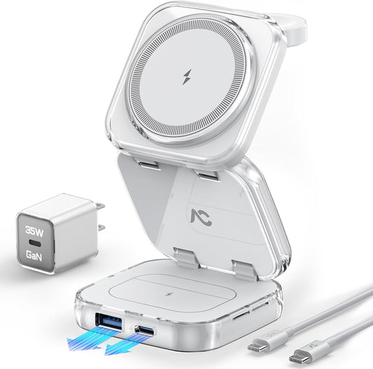 5-in-1 Wireless Charger for MagSafe, AC ISLAND Portable Travel Charging Station, 35W Max Qi2 Fast Foldable Magnetic Stand, Evolved for iPhone 17-12 Series, Apple Watch, AirPods (with 35W Adapter)