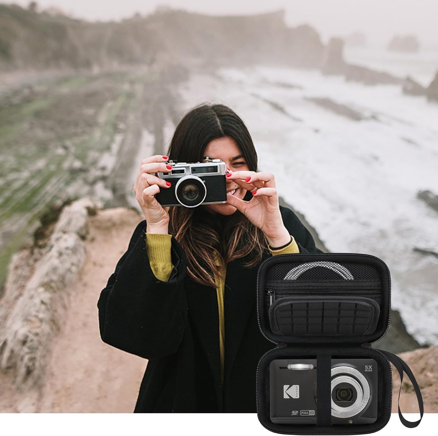 Elonbo Camera Carrying Case for KODAK PIXPRO FZ55 / FZ53 / FZ45 / FZ43 16MP Digital Camera, Vlogging Camera Storage Holder Travel Bag, Mesh Bag Fits Batteries, Cable, Memory Card, Card Reader, Black