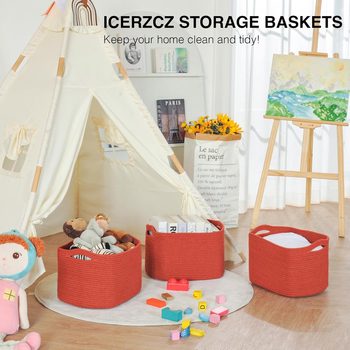 ICERZCZ Storage Baskets for Organizing, Storage Basket for Shelves, Toy Towel Basket for Bathroom Nursery, Woven Cotton Rope Baskets for Decor, 15"x11"x9.5", 3 Packs, Brick Red