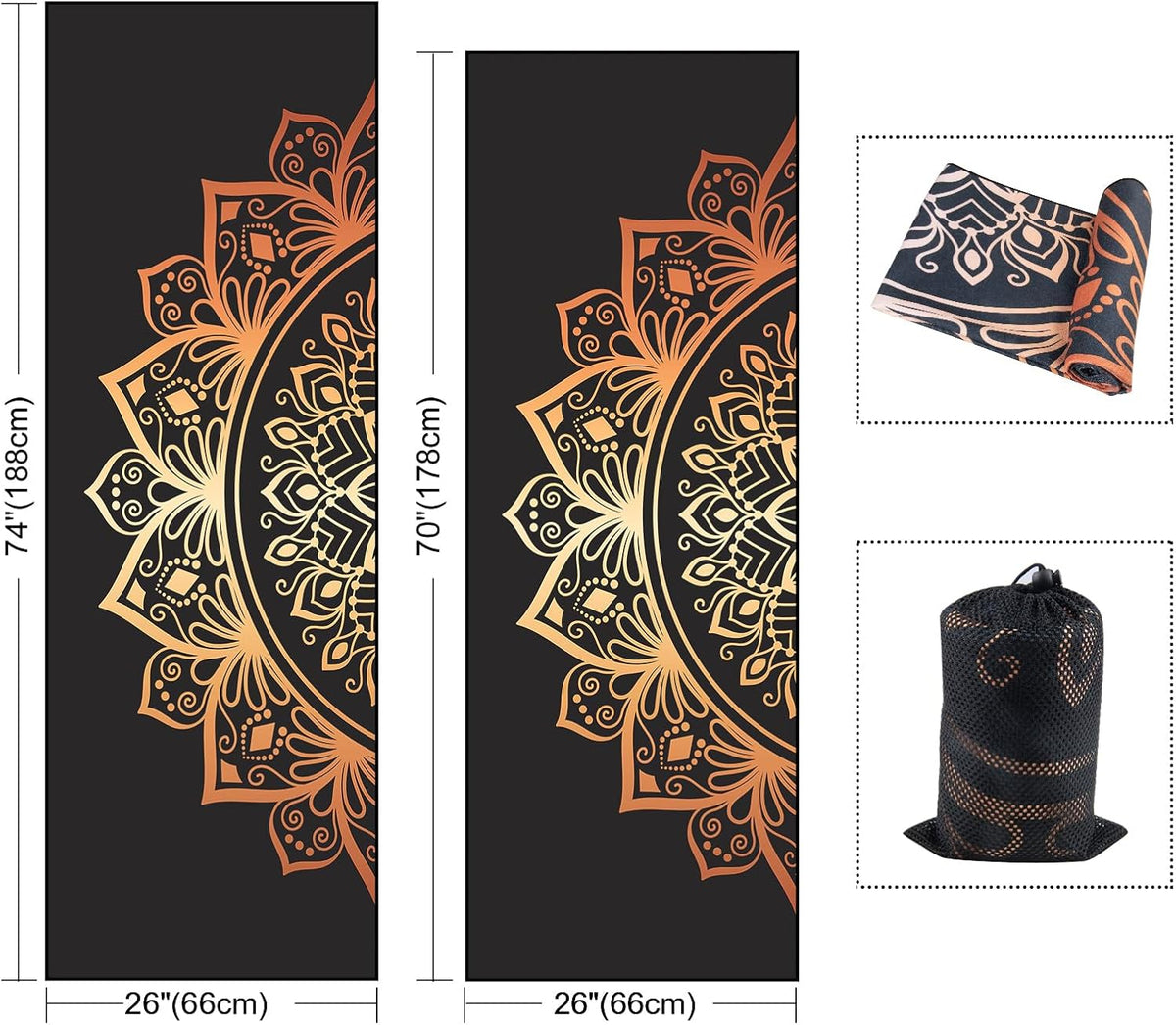 QiyI Hot Yoga Towel with Grip Dots, Non Slip, 70"x26", Golden Mandala