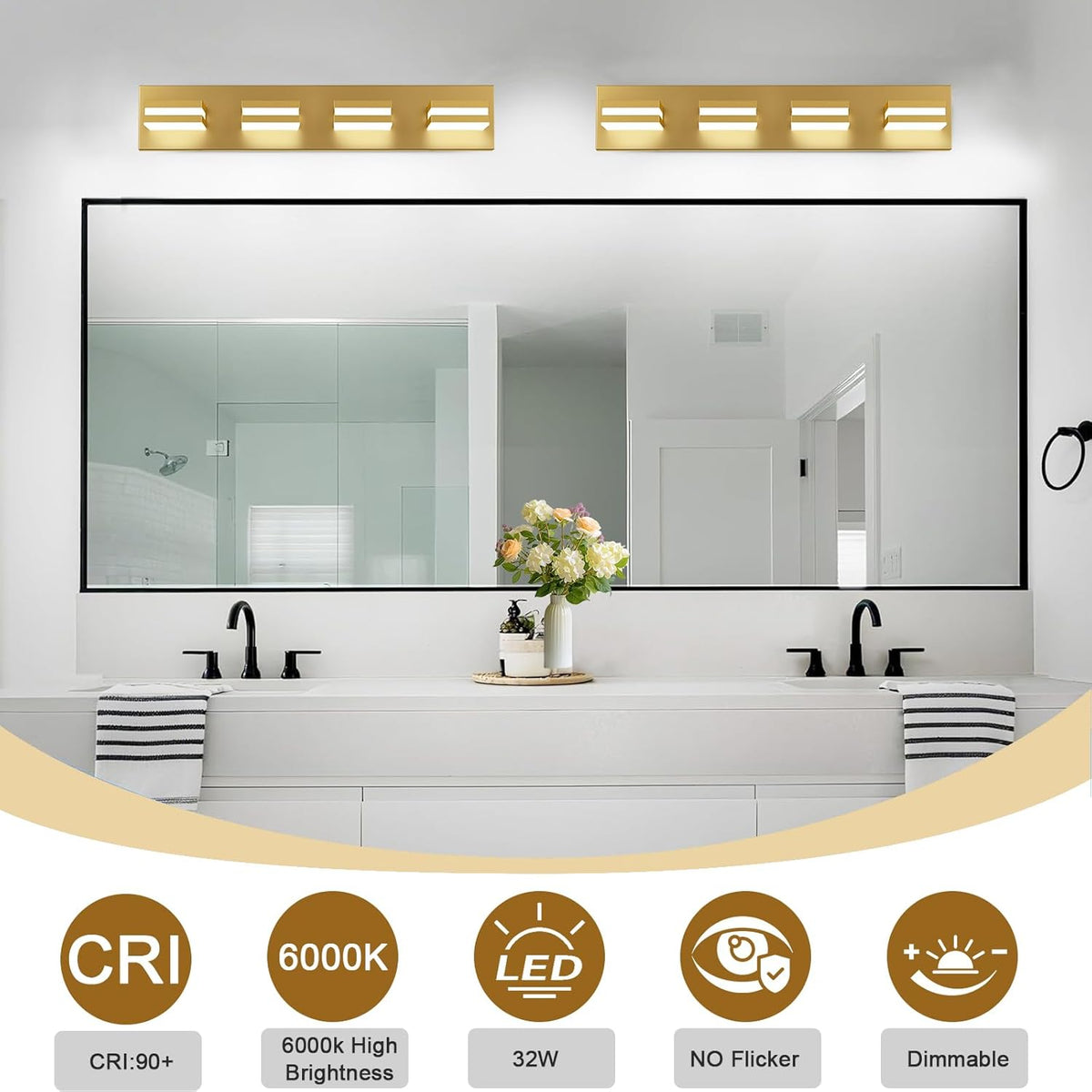 IZORRO LED Modern Bathroom Lights Fixtures(4-Light,Dimmable,360°Rotate),Brushed Glod Acrylic Wall Lighting,Vanity Lights for Bathroom Over Mirror - 6000k 24In （No Assembly Required）