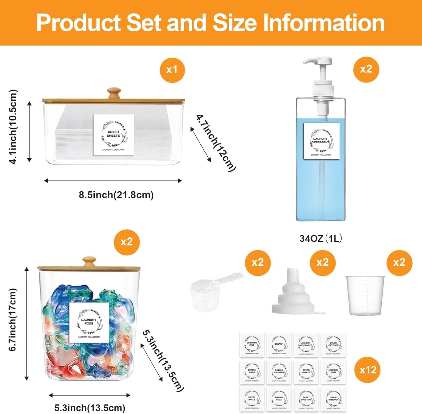 FEXIA 3+2 Pack Laundry Pods Containers and Dryer Sheet Holder with Laundry Detergent Dispenser Laundry Room Organization Storage Containers with Lids and Labels for Scent Booster,Powder,Pods