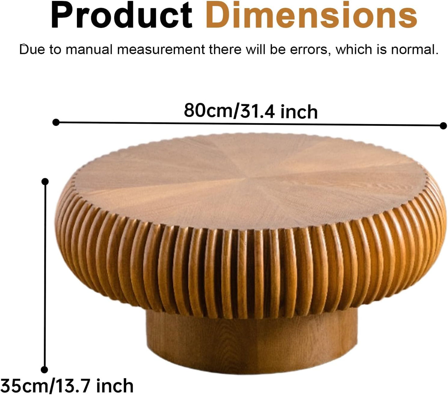 31" Brown Round Wood Fluted Coffee Table for Living Room (D) | Drum Shape, Wood Veneer Top & Base, Rustic Modern Style, Low Circle Center Table, For Apartment Small Space, Easy to Assemble