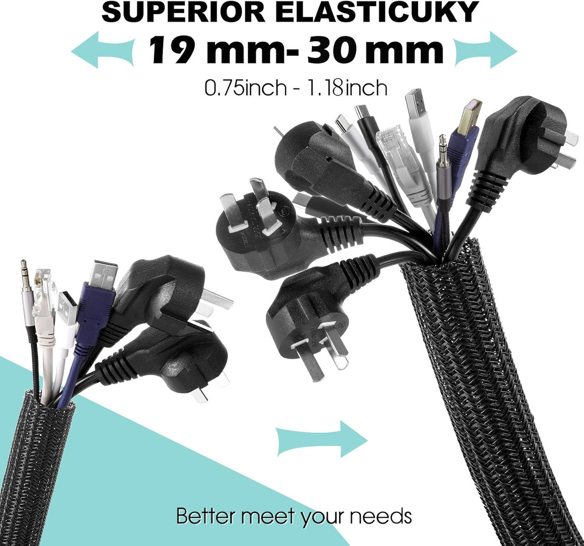 AGPTEK Cable Sleeve, 6.6ft - 1.2 inch Cable Management Cord Hider, Black