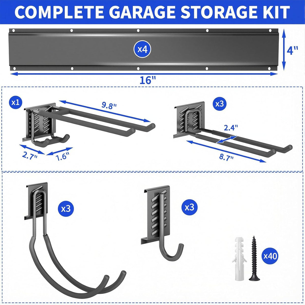 Garage Tool Organizer Wall Mount, 64 Inch Heavy Duty Garden Tool Organizer Storage System, Easy Install with 10 Adjustable Hooks, for Garage, Basement, Shed, Workshop, Black, Steel