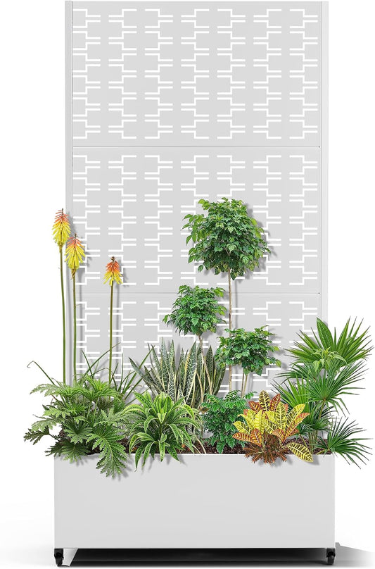 15.7"×70.9"×35.4" Metal Raised Garden Bed with Trellis and Wheels - Tall Trellis Planter Box for Climbing Plants, Vegetables & Vines - Outdoor Privacy Planters for Patio (White-Brick)