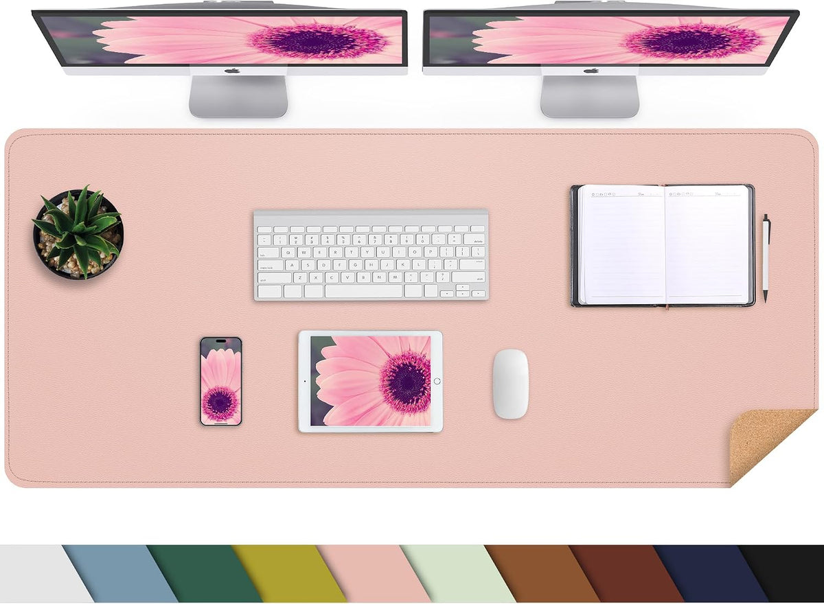 AFIING Large Desk Mat 47.2" x 17.5", Leather Desk Pad Protector with Natural Cork & PU Leather, Non-Slip Office Desk Mat, Double-Sided Mouse Pad, Waterproof Large Desk Pad for Office and Home (Pink)