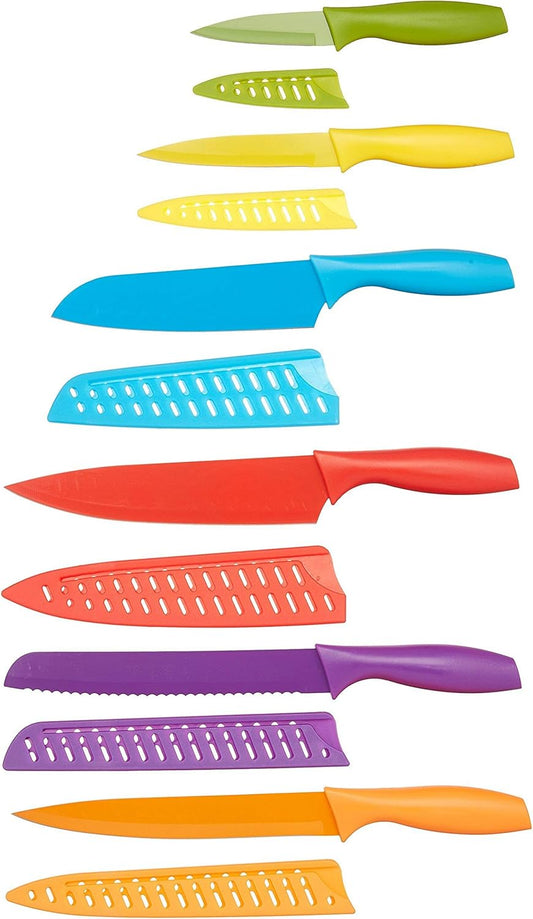 Amazon Basics Color-Coded Dishwasher Safe Kitchen Knife Set, 12-Piece with Ergonomic Handles, Non-stick Sharp Blades, 6 Knives with 6 Blade Guards, Multicolor, 13.88 x 4.13 x 1.38 inch