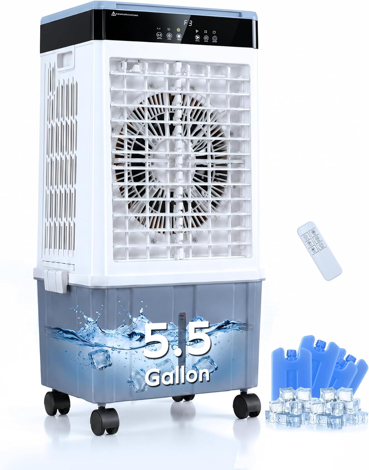 Air Choice Swamp Cooler, 3000CFM 31" Evaporative Air Cooler, 5.5Gal Removable Tank & 4 Ice Box, 120° Oscillation, 3 Speeds, Remote, 12H Timer, 3-in-1 Air Cooling Fan for Outdoor, Office, Bedroom, Blue