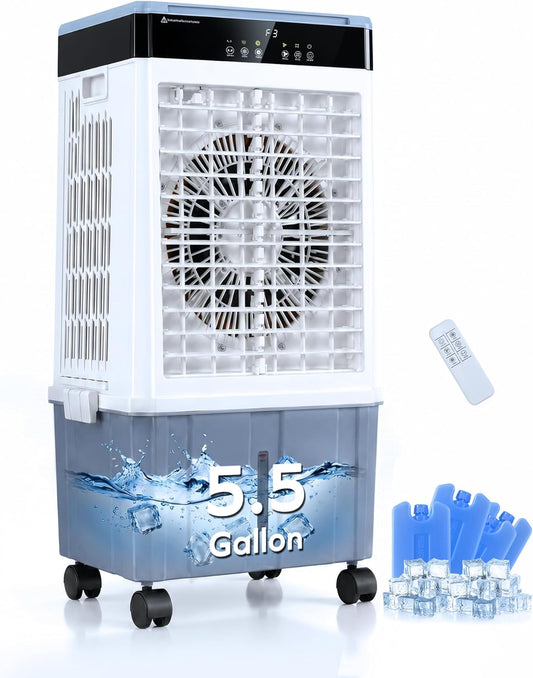 Air Choice Swamp Cooler, 3000CFM 31" Evaporative Air Cooler, 5.5Gal Removable Tank & 4 Ice Box, 120° Oscillation, 3 Speeds, Remote, 12H Timer, 3-in-1 Air Cooling Fan for Outdoor, Office, Bedroom, Blue