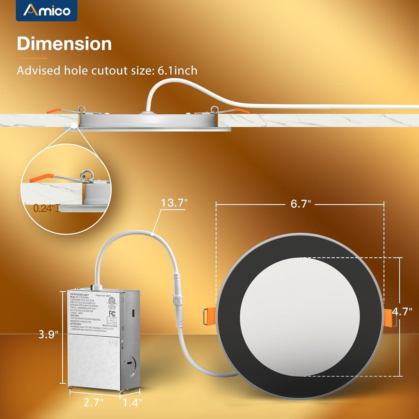 Amico 12 Pack Black 6 Inch 5CCT LED Recessed Ceiling Light with Night Light, 2700K/3000K/3500K/4000K/5000K Selectable Ultra-Thin Lighting, 12W=110W, 1100LM, Dimmable Canless Wafer Downlight - ETL&FCC