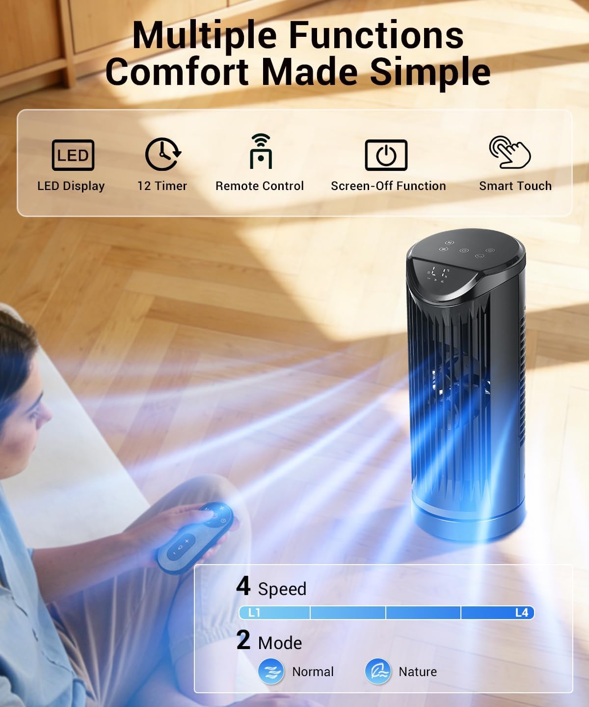 Personal Tower Fan for Bedroom with Remote, Portable Desk Table Fan，4 Speeds Cooling Standing Fan with 12H Timer, 60° & 110° Oscillating Floor Tower Fans That Blows Cold Air for Bedroom Office,Black