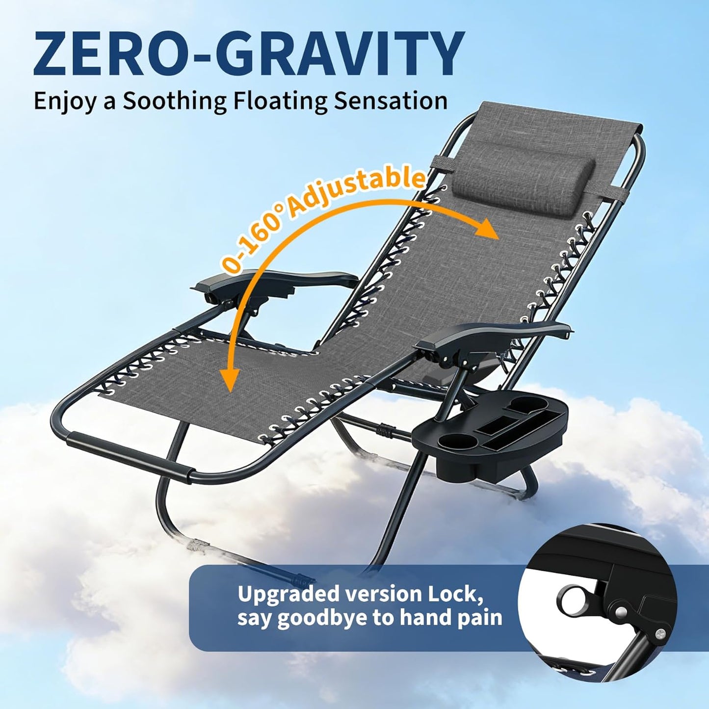 Garvee Zero Gravity Chair Set of 2, Patio Lounge Chair Outdoor with Pillow & Cup Holder Tray, Adjustable Reclining Chair, Folding Portable Camping Chair for Deck, Beach, Yard, Garden - Gray