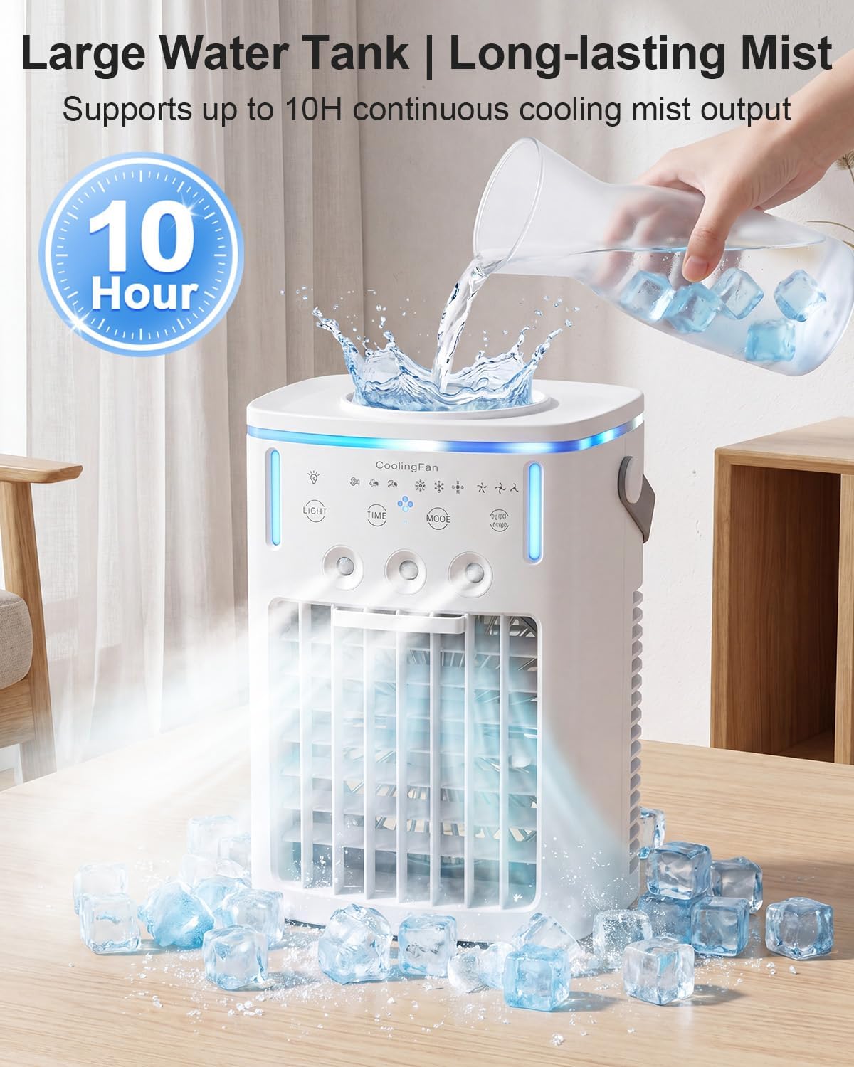 Portable Air Conditioners, Ultra-Quiet Mini AC Fan with 2-4-8H Timer, Remote Control, 3 Speed & Cool Mist, 3 Ultrasonic Nozzles, 7 Color Light, 1000ml Personal Evaporative Air Cooler for Office, Room
