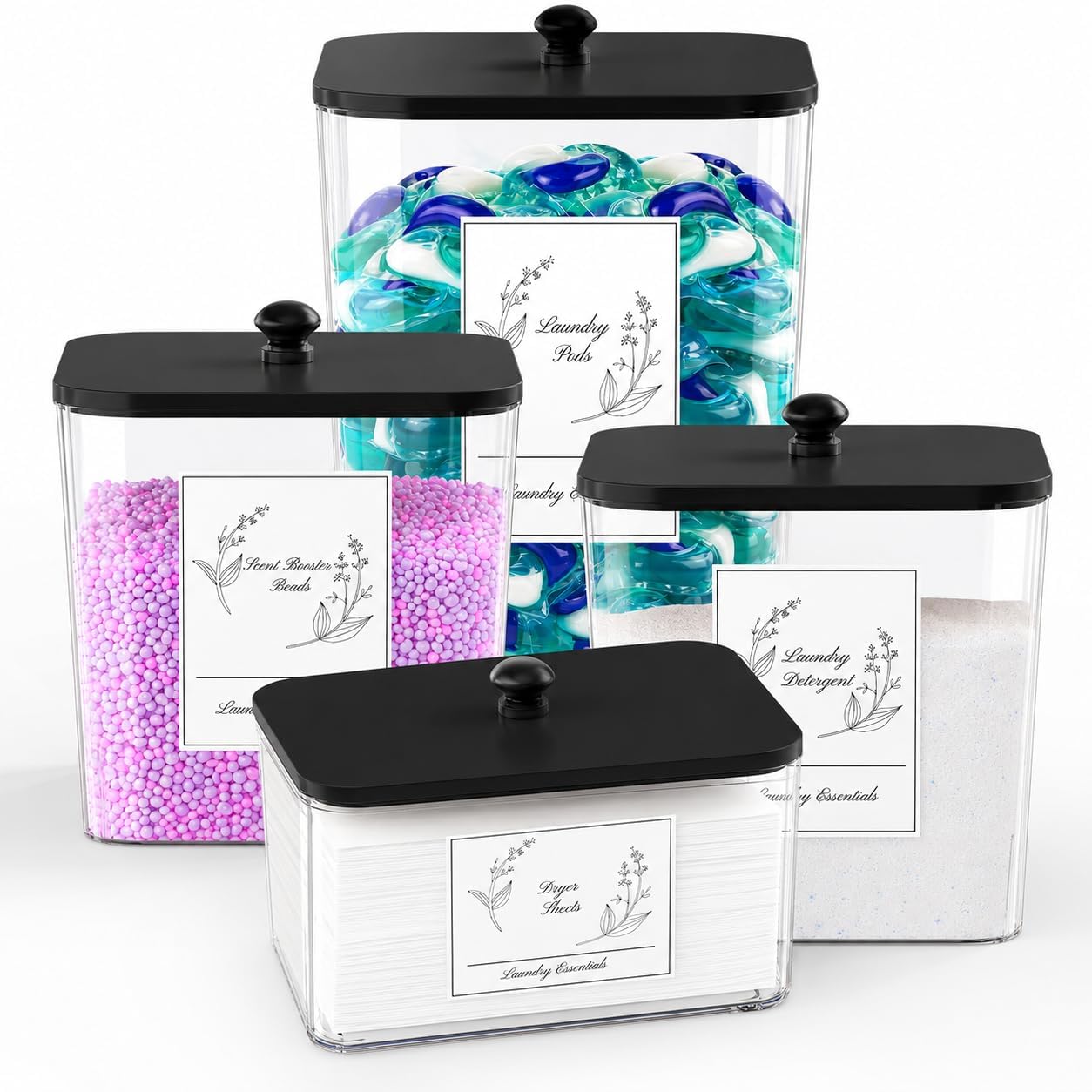 COAZEX 4 Pack Clear Laundry Pods Container & Dryer Sheet Holder, Plastic Square Laundry Room Organization and Storage Jars with Lids, Scoops & Labels for Detergent, Powder, Dryer Balls (Black Lid)