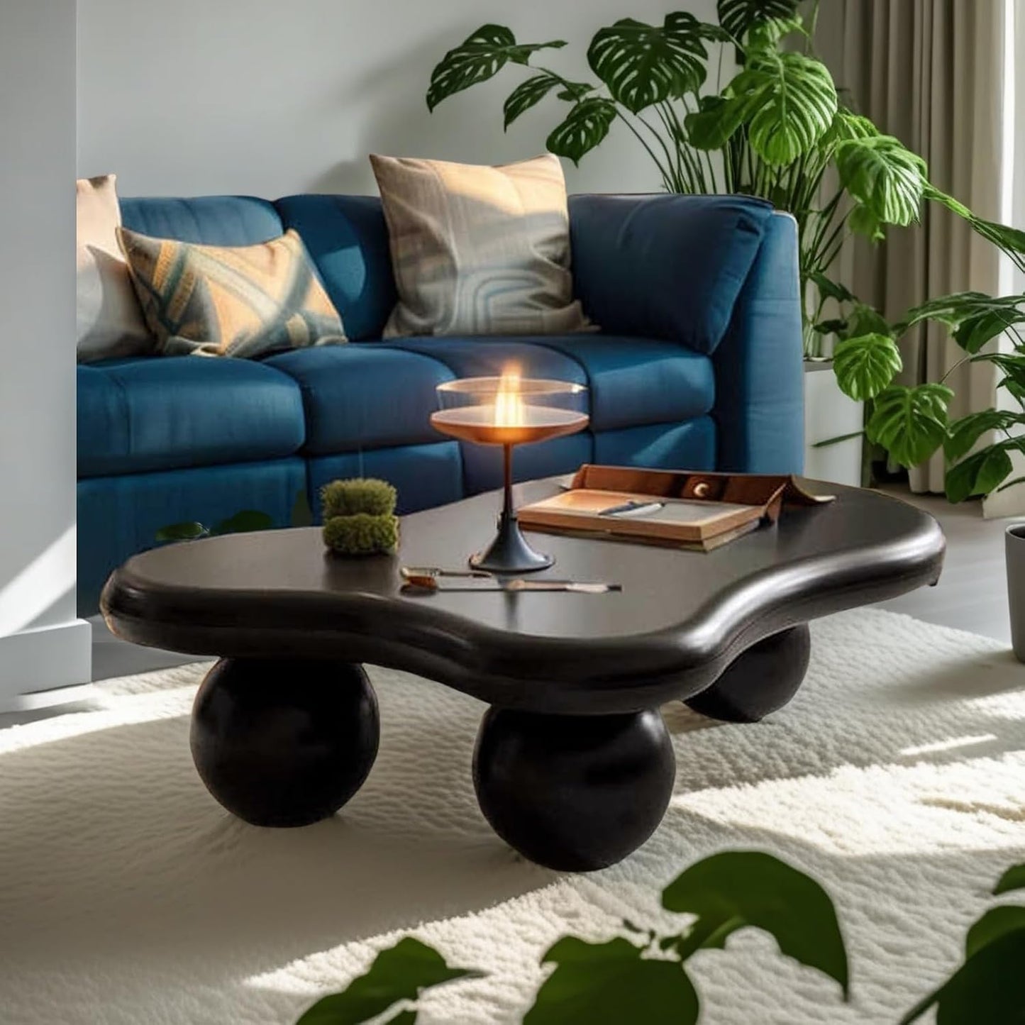 Mid Century Modern Cloud Coffee Table (F47.24in) | Irregular Cute Wooden, Industrial Center Table, Sturdy Legs, For Apartment Living Room