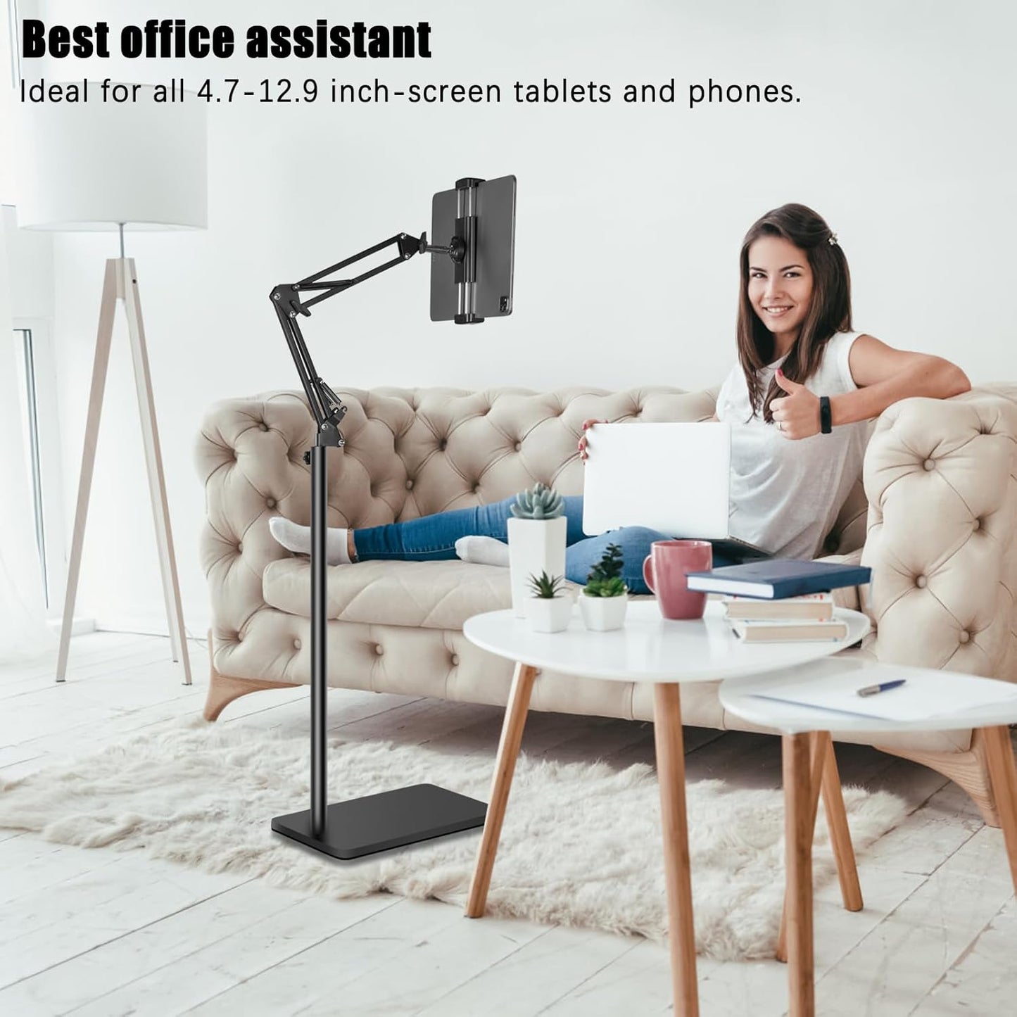Lucky Trip Tablet Floor Stand with Double Heavy Duty Stable Base Never Tip Over, Adjustable Height Swivel Overhead Bed Tablet Phone Stand Holder for iPad, Kindle, Galaxy Tab, Cell Phones(4.7''-13'')