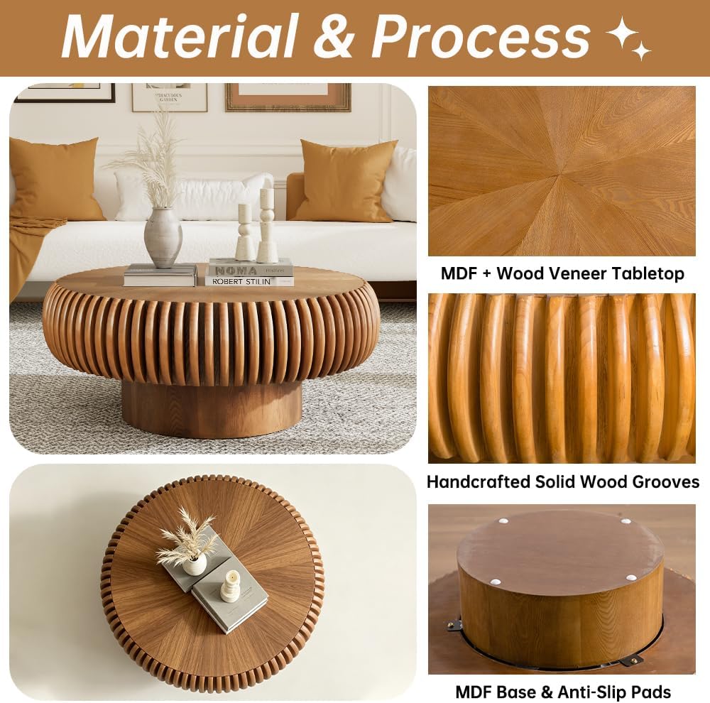 31" Brown Round Drum Wood Fluted Coffee Table (D, 1PC) | For Living Room, Wooden Grooves, Circle Pedestal Center Table, Farmhouse Modern Style, For Small Spaces, Easy Assembly