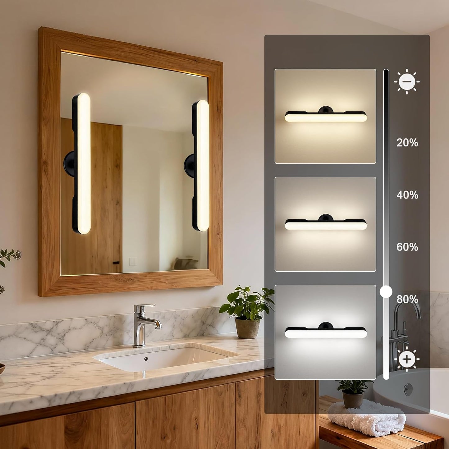 cambk Set of 2 Wireless Vanity Makeup Lights for Mirror, Rechargeable LED Stick On Light Bar for Bathroom Mirror with Dimmable 3 CCT, Long Battery Life Cordless Light for Vanity Desk(Black)