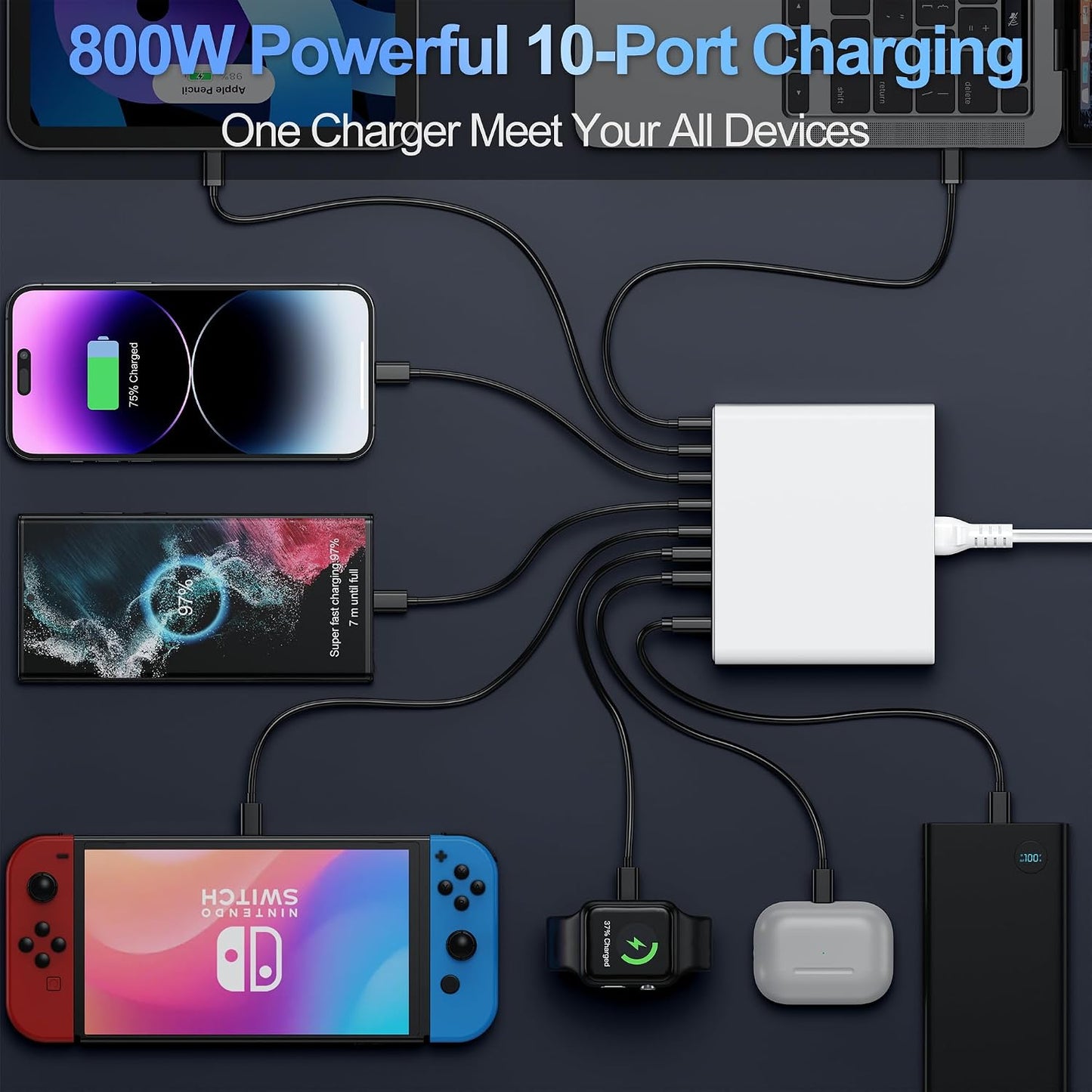 800W USB C Charger Block,10-Port GaN Charging Station | Aexhend Fast Charging Type C & USB A Wall Charger Adapter for MacBook Pro/Air,iPhone,iPad,Dell XPS,Samsung Galaxy(White)