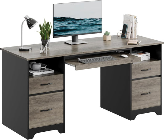 Bestier 59 Inch Office Desk with 4 Drawers, Computer Desk with Storage, Executive Desk with File Drawer, Keyboard Tray & 2 Pedestals on Both Sides for Home Office, Studio, Grey&Black