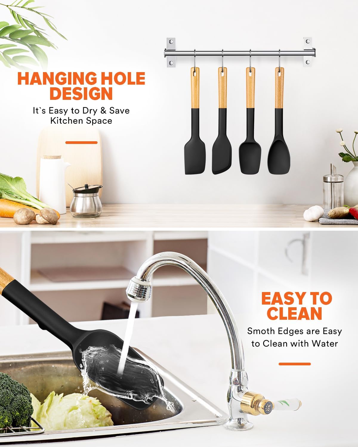 Badiano Silicone Spatula Spoon Set for Nonstick Cookwares, 4 Pack, BLACK