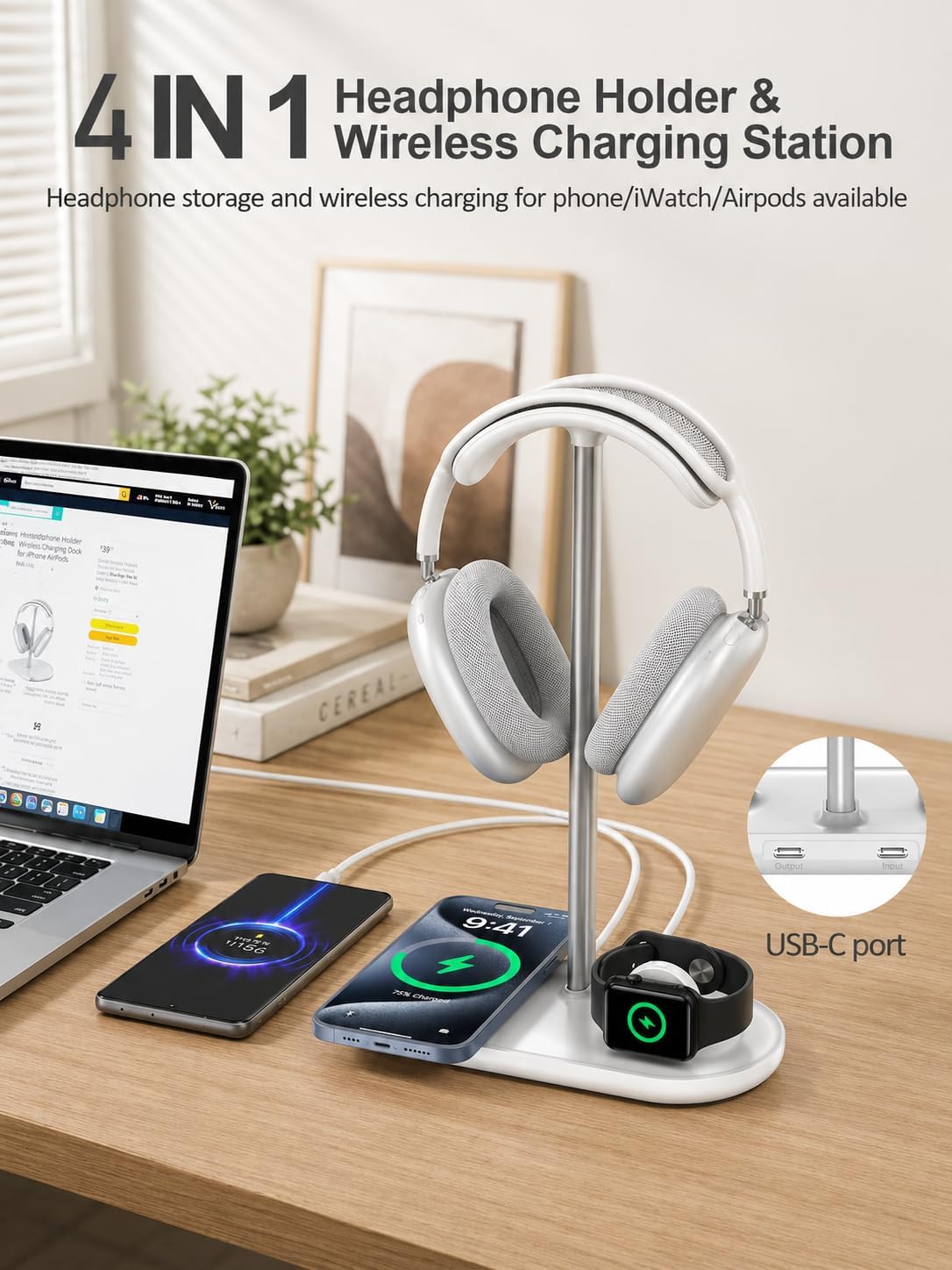4 in 1 Headphone Stand, Airpod Max Charger Stand with 15W Wireless Charger