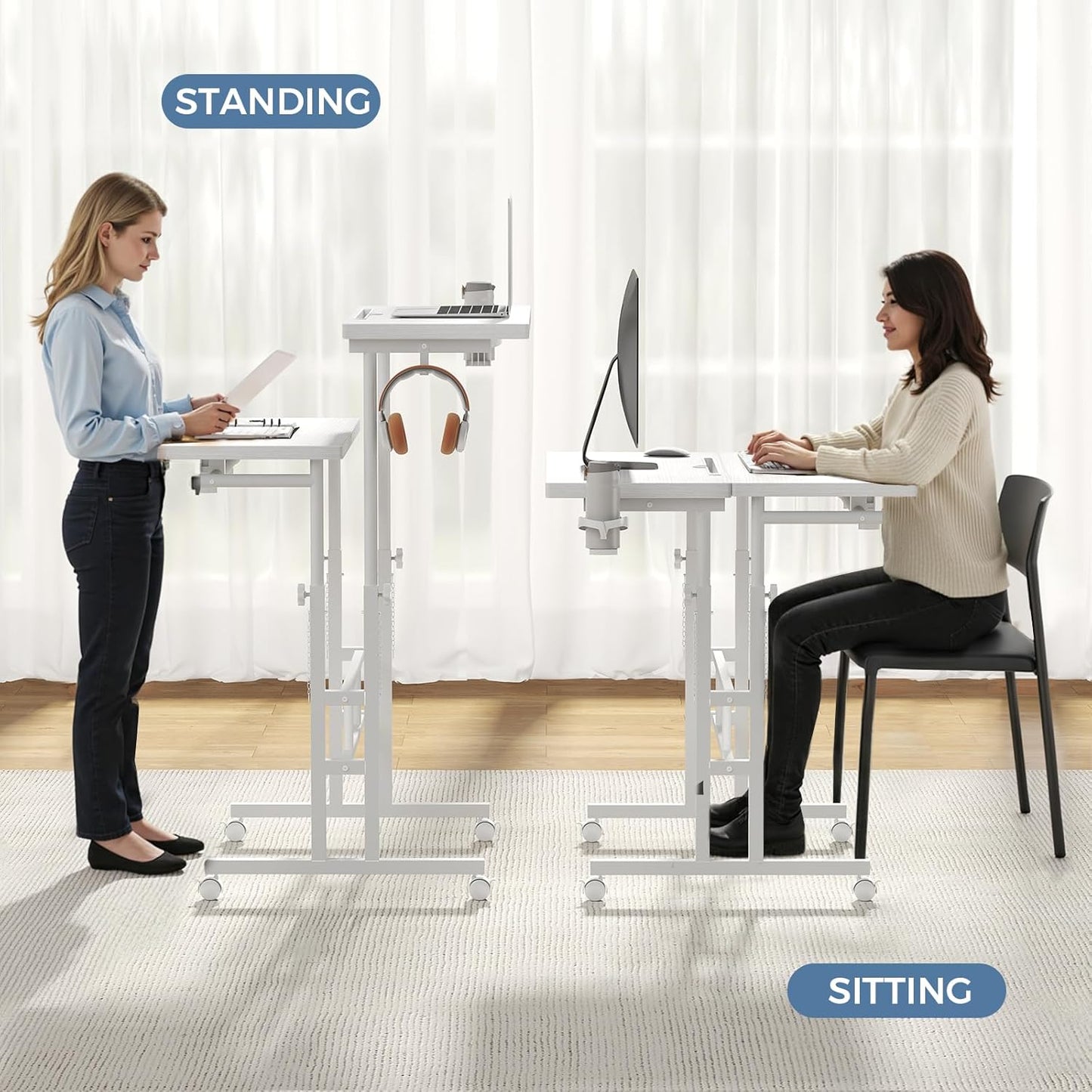 DUMOS Split Top Rolling Standing Desk 23.6 Inch Mobile Laptop Workstation Manual Height Adjustable Sit Stand Office Table Walking Pad Study Surface Portable Home Office Computer Cart White