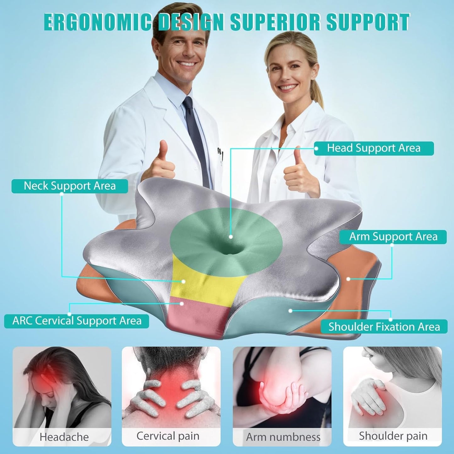 CCidea Cervical Neck Support Pillow for Sleeping & Pain Relief – Ergonomic Contour Memory Foam Pillows for Side/Back/Stomach Sleepers, 2 Heights with Removable Silk Satin Cover - Gifts for Men & Women