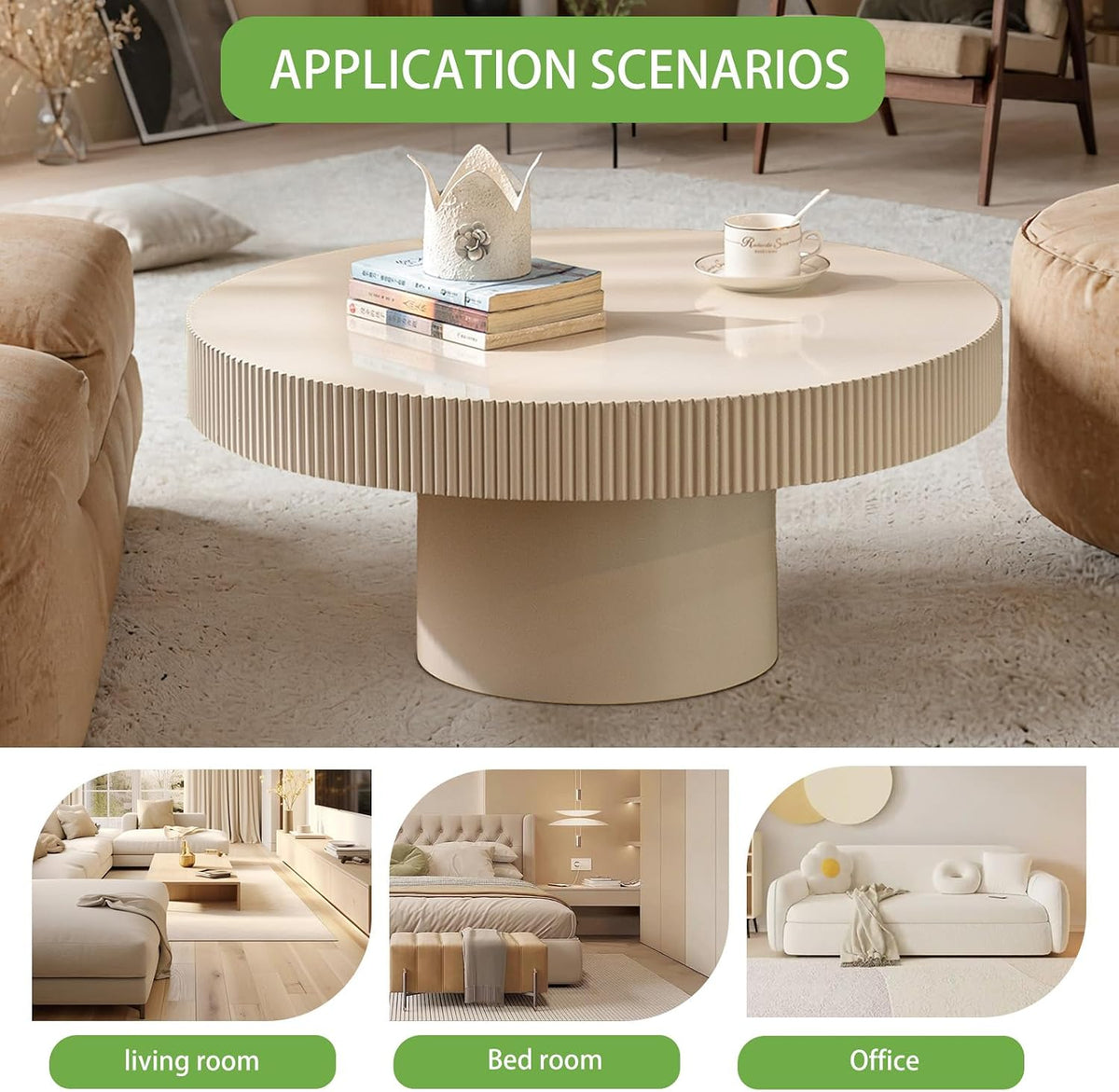 Modern Round Coffee Table for Living Room (Ivory White Thin)