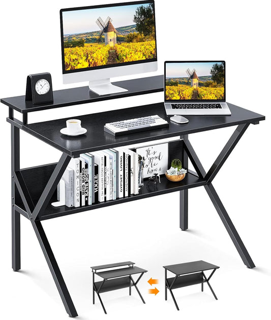 ODK Small Desk, 27.5 Inch Computer Desk for Small Spaces, Study Desk with Storage & Monitor Stand, Black