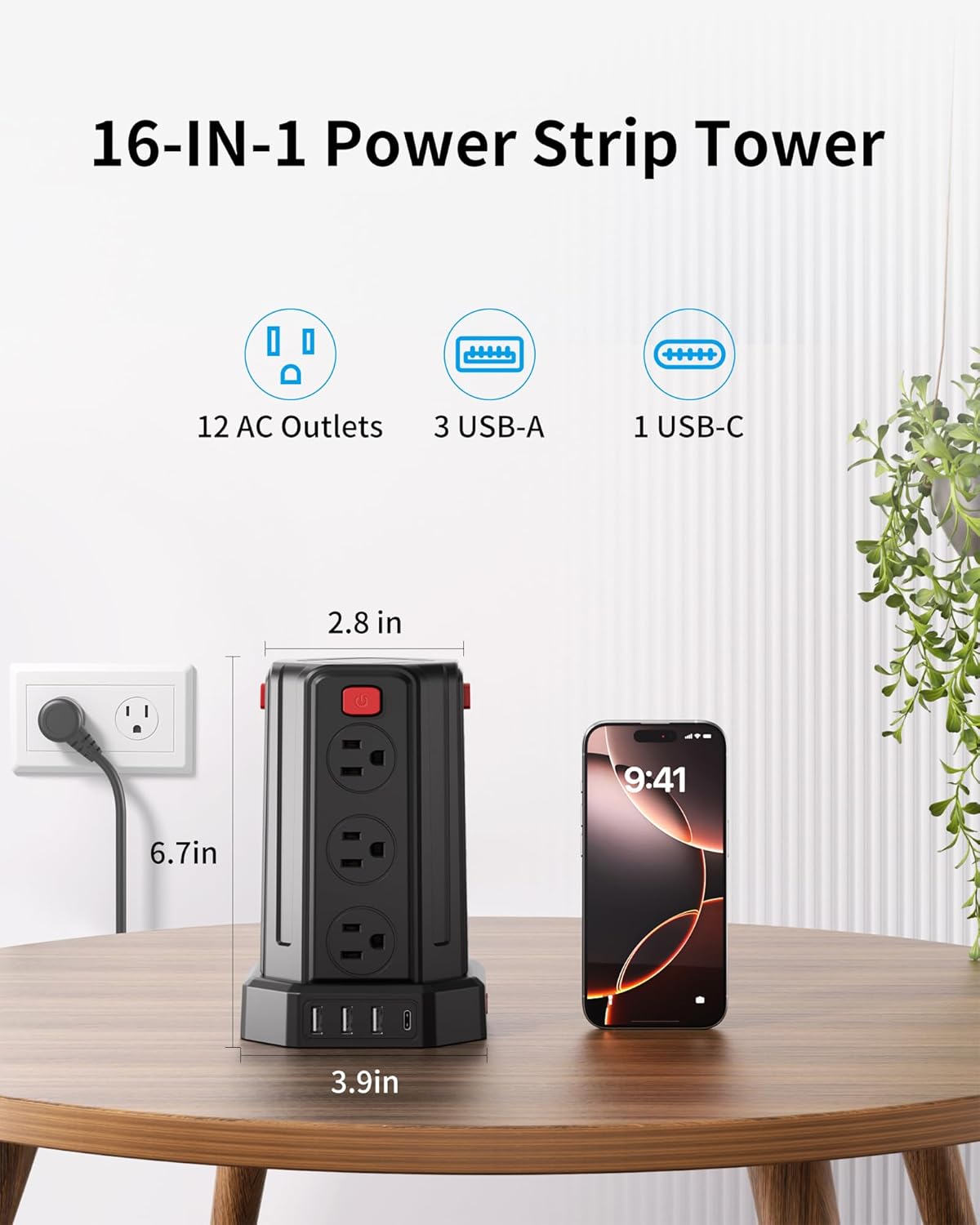 Power Strip Surge Protector, 6.5 Ft Extension Cord with 12 AC Multiple Outlets 4 USB (1 USB C), SMALLRT Power Tower Desktop Charging Station