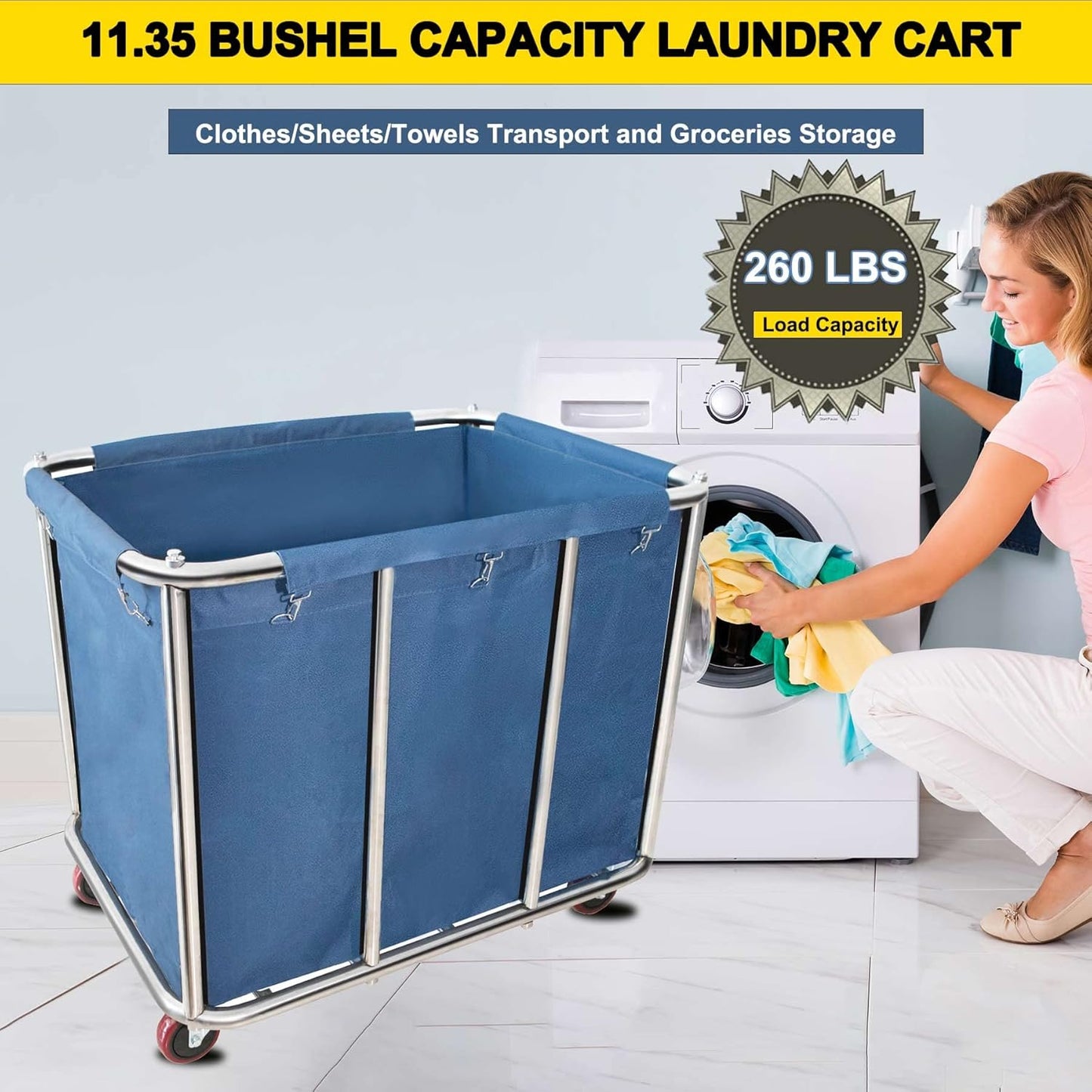 Commercial Laundry Cart with Wheels,11.35 Bushel Large Laundry Cart,Heavy Duty Stainless Steel Commercial Laundry Hampers Laundry Basket with Waterproof Lining,260 Lbs Load