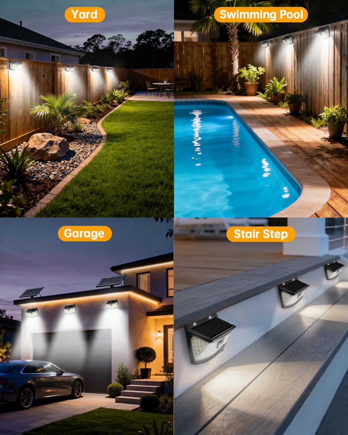Aootek New Solar Motion Sensor Lights 120 LEDs with Lights Reflector,270° Wide Angle, IP65 Waterproof, Step Lights for Front Door, Yard, Garage, Deck (Black, Daylight White, 6-Pack)