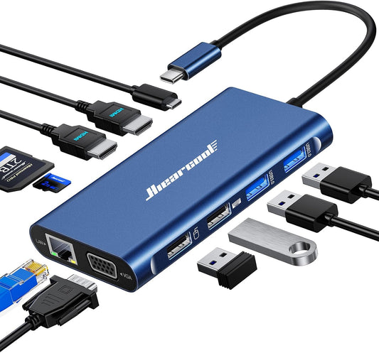 Hiearcool USB C Docking Station, 11-in-1 Dock, HDMI, VGA, Ethernet, Blue