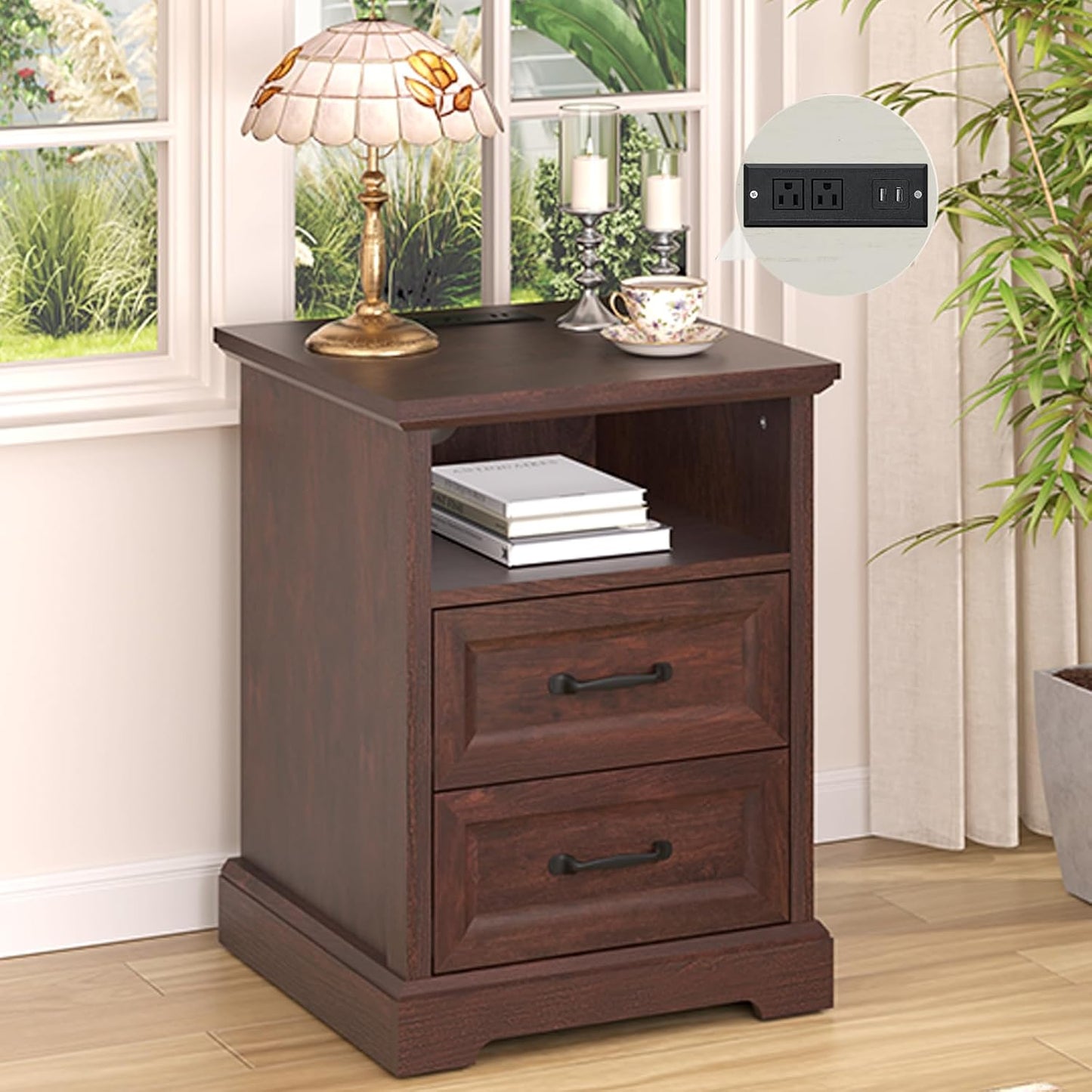 HOMMPA Farmhouse Nightstand w/Charging Station, Open Shelf 23.6''H Cherry